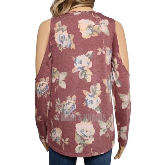 Peach Love Floral Cold Shoulder Top Dusty Rose Boho Romantic Knit Shirt Size S - Picture 6 of 8